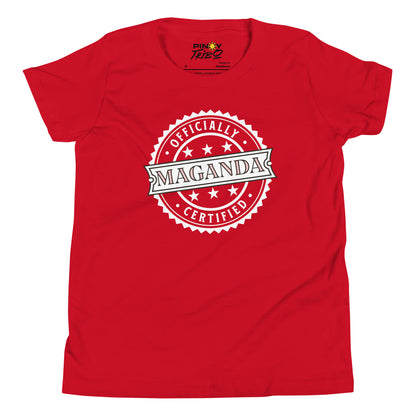 Circular badge design with the words “Officially Certified Maganda” on a youth t-shirt.