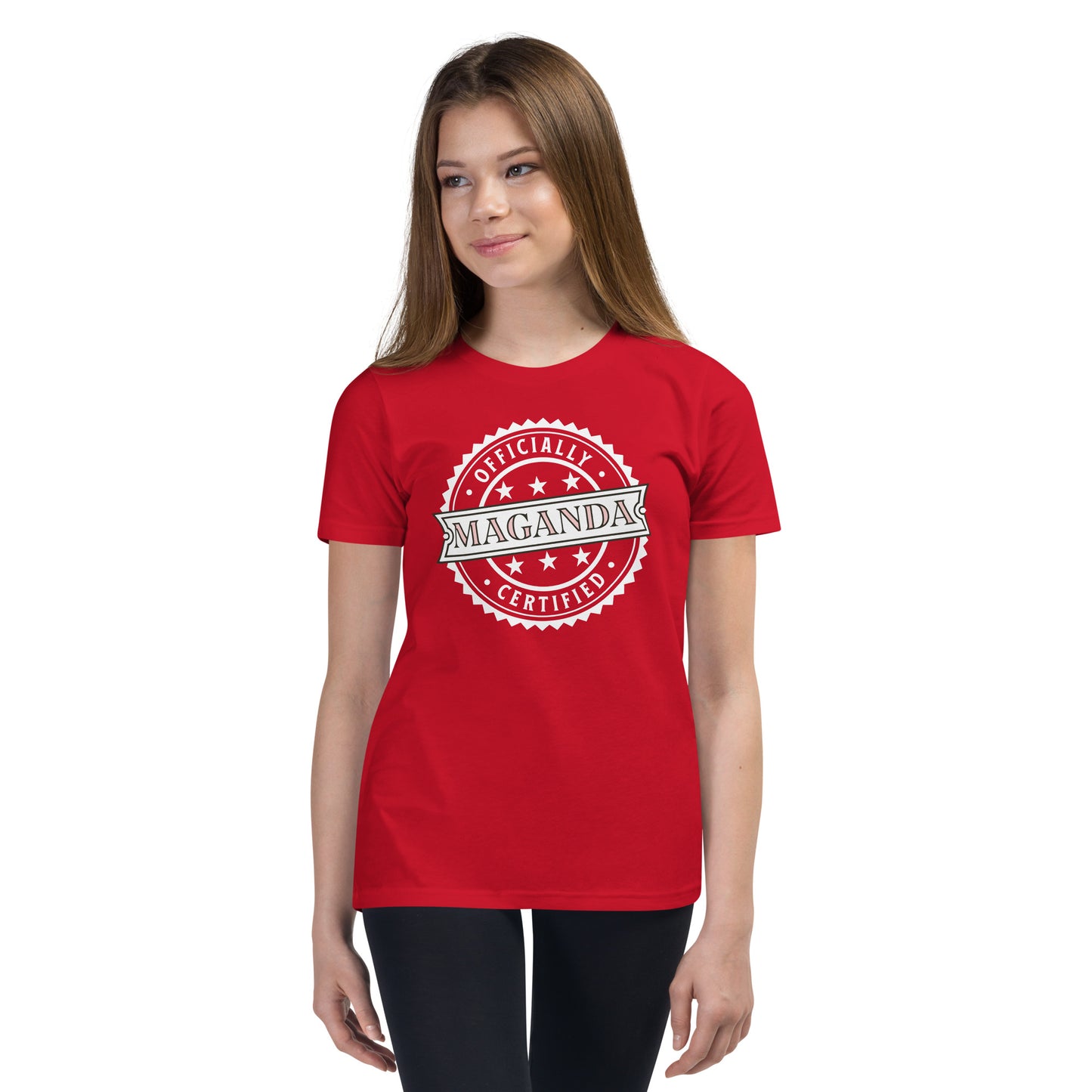 Circular badge design with the words “Officially Certified Maganda” on a youth t-shirt.