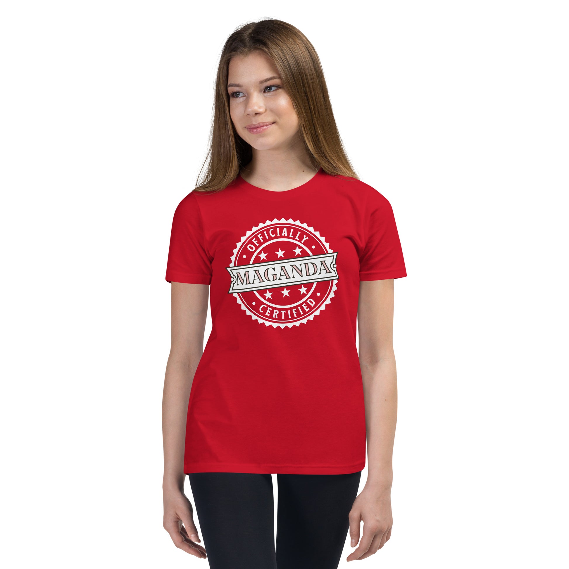 Circular badge design with the words “Officially Certified Maganda” on a youth t-shirt.