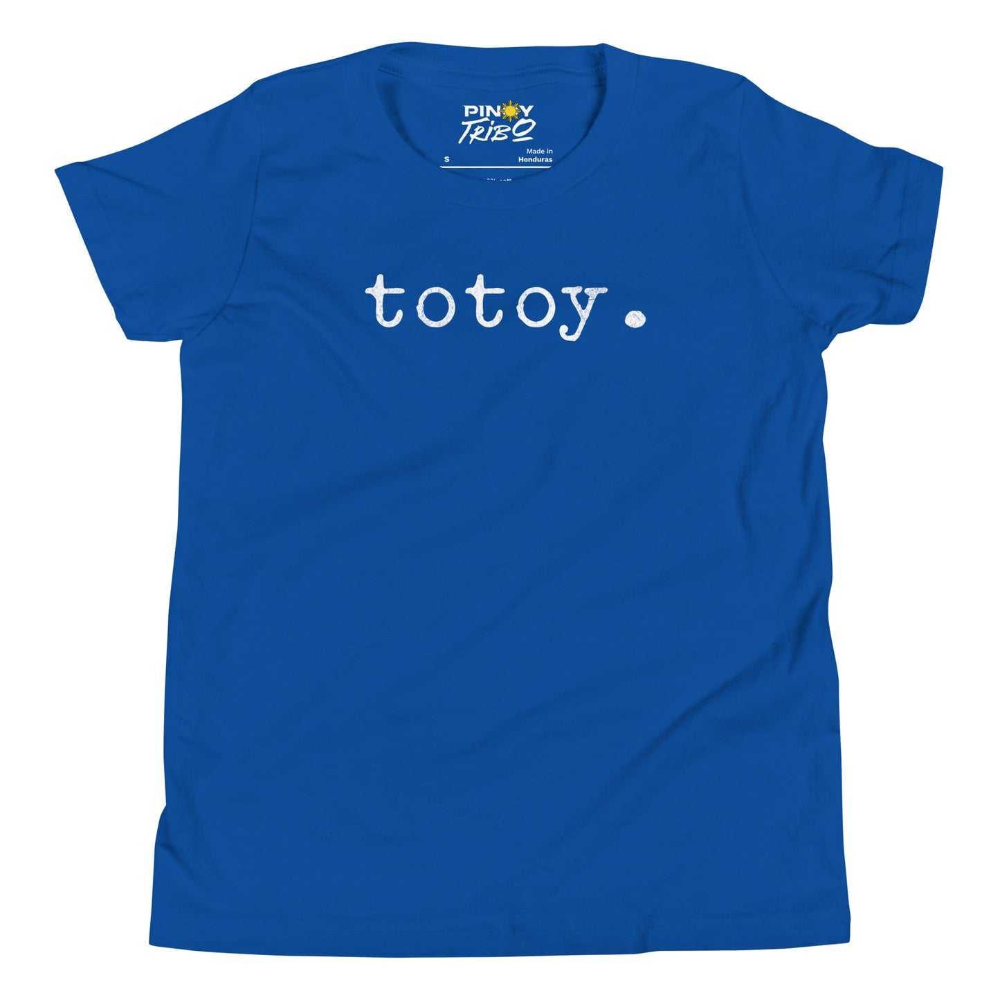Minimalist white text “totoy.” in a typewriter-style font on a youth t-shirt design.