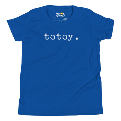 Minimalist white text “totoy.” in a typewriter-style font on a youth t-shirt design.