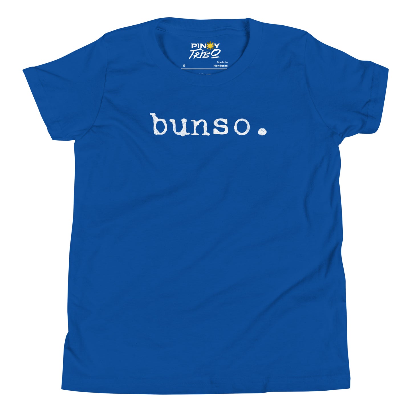 Minimalist white text “bunso.” in a typewriter-style font on a youth t-shirt design.