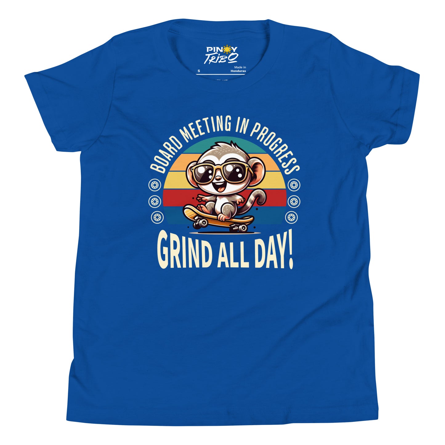 Cute cartoon Philippine tarsier wearing sunglasses, riding a skateboard with a retro striped background and the text “Board Meeting in Progress” and “Grind All Day!” on a youth t-shirt design.