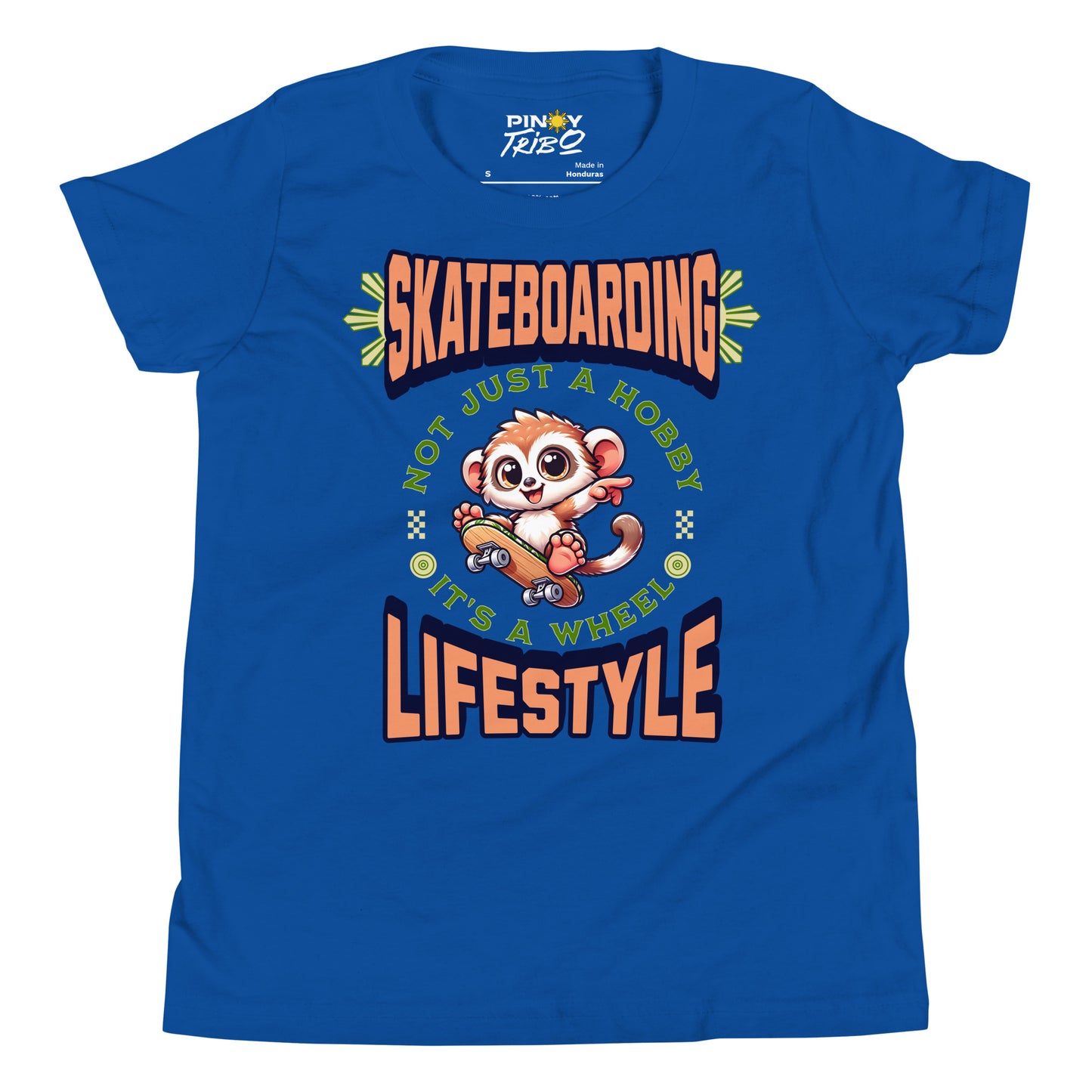 Cute cartoon Philippine tarsier riding a skateboard with the text “Skateboarding Not Just a Hobby, It’s a Wheel Lifestyle” on a youth t-shirt design.