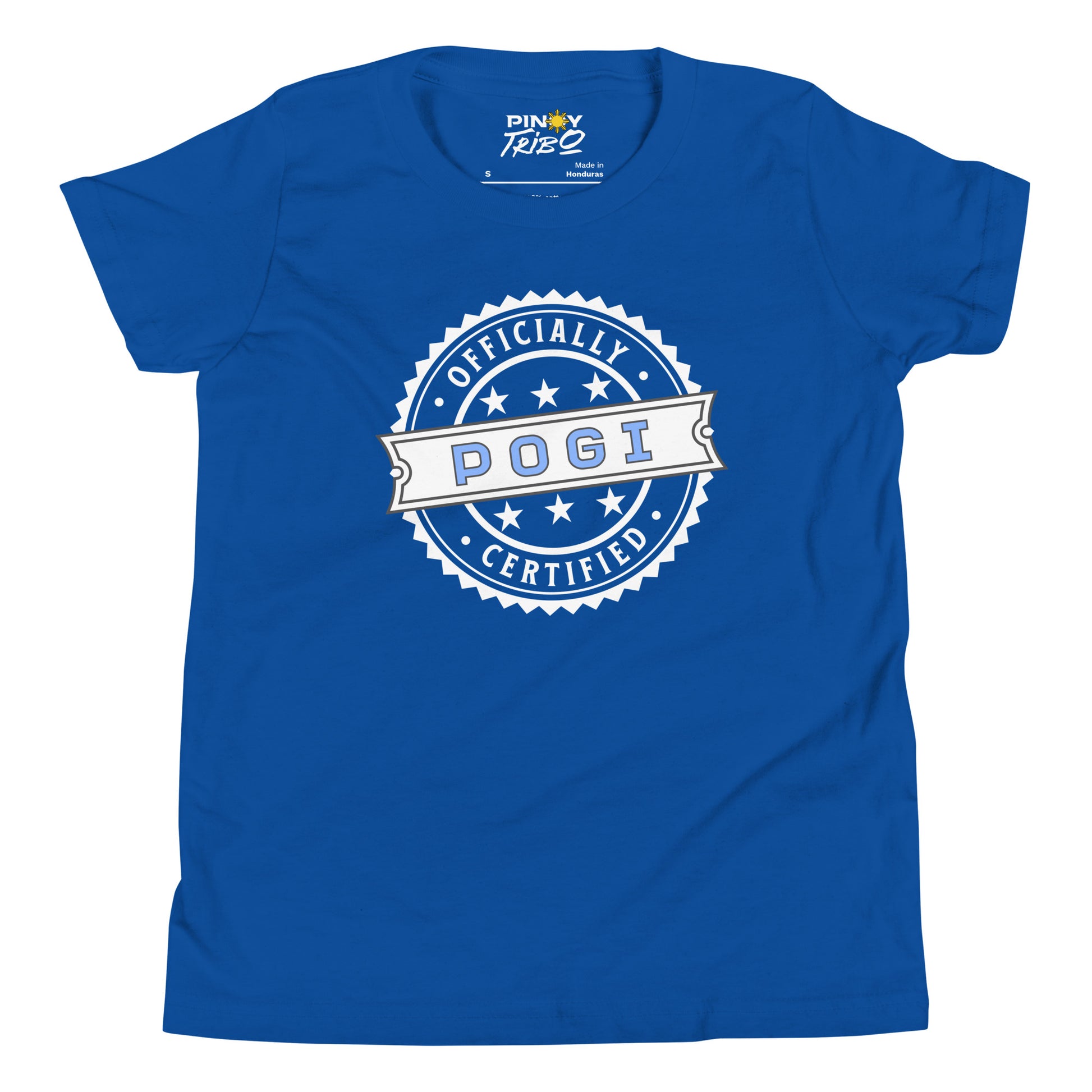 Circular badge design with the words “Officially Certified Pogi” on a youth t-shirt.