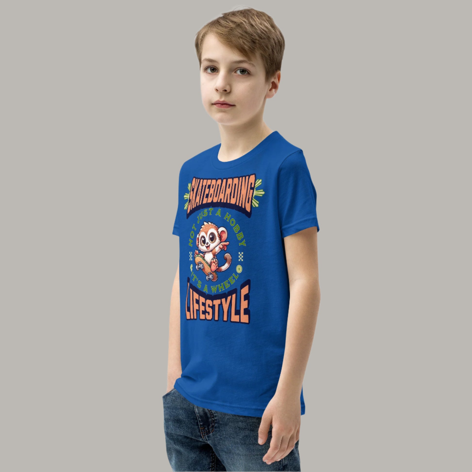 Cute cartoon Philippine tarsier riding a skateboard with the text “Skateboarding Not Just a Hobby, It’s a Wheel Lifestyle” on a youth t-shirt design.