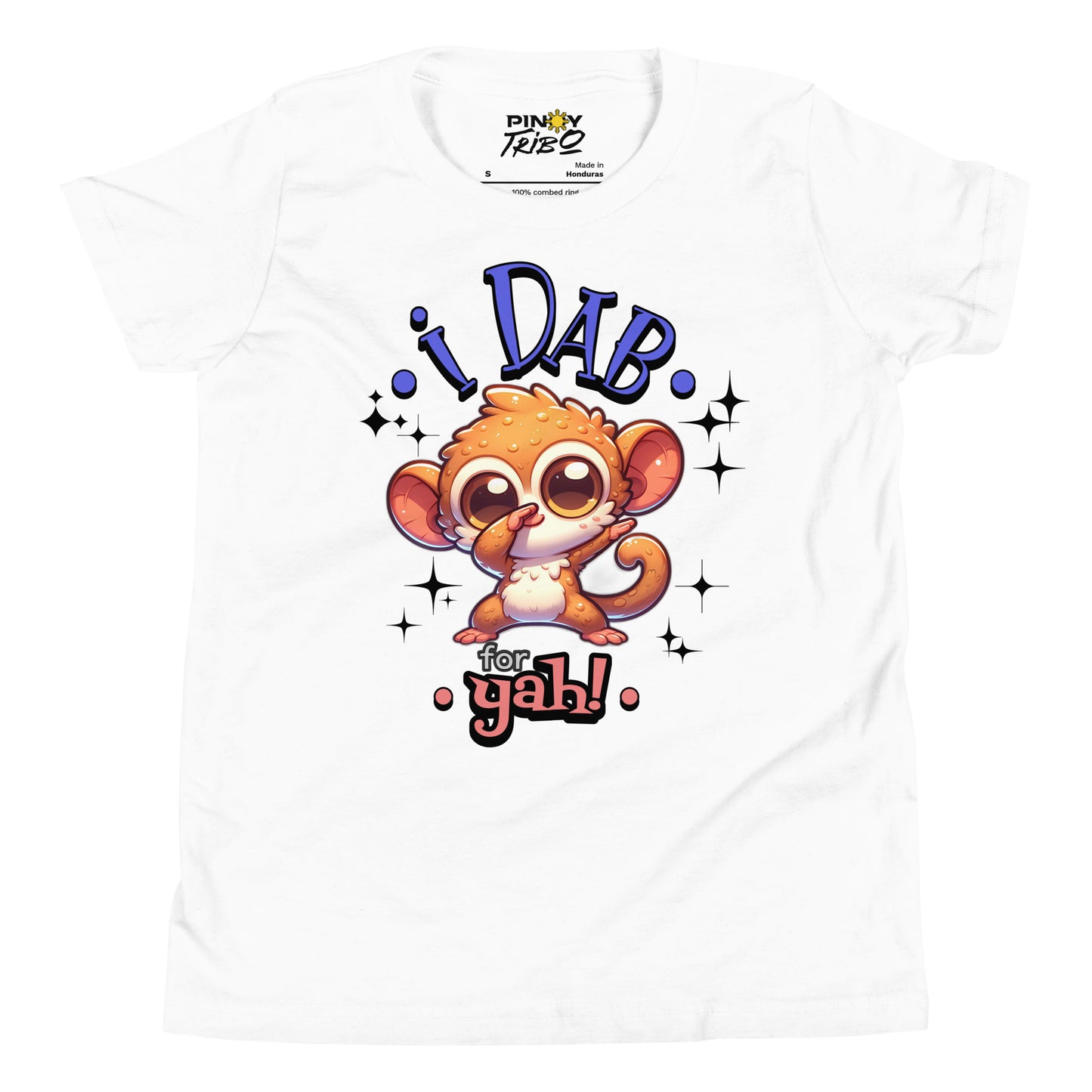 Cute cartoon Philippine tarsier named Taro dabbing with sparkling accents and “I Dab for Yah!” text on a youth t-shirt design.