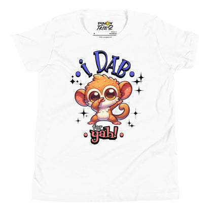 Cute cartoon Philippine tarsier named Taro dabbing with sparkling accents and “I Dab for Yah!” text on a youth t-shirt design.