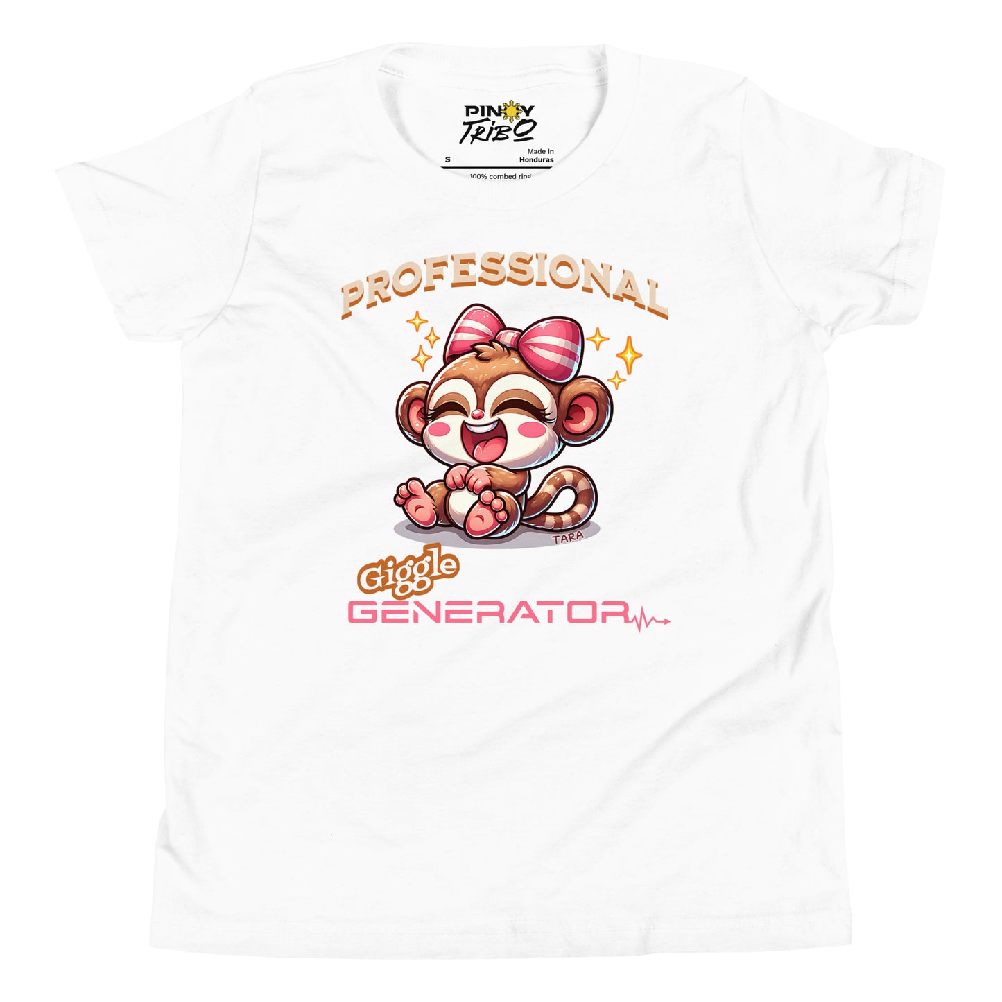 Cute cartoon Philippine tarsier named Tara with a big bow, smiling and laughing, with “Professional Giggle Generator” text on a youth t-shirt design.