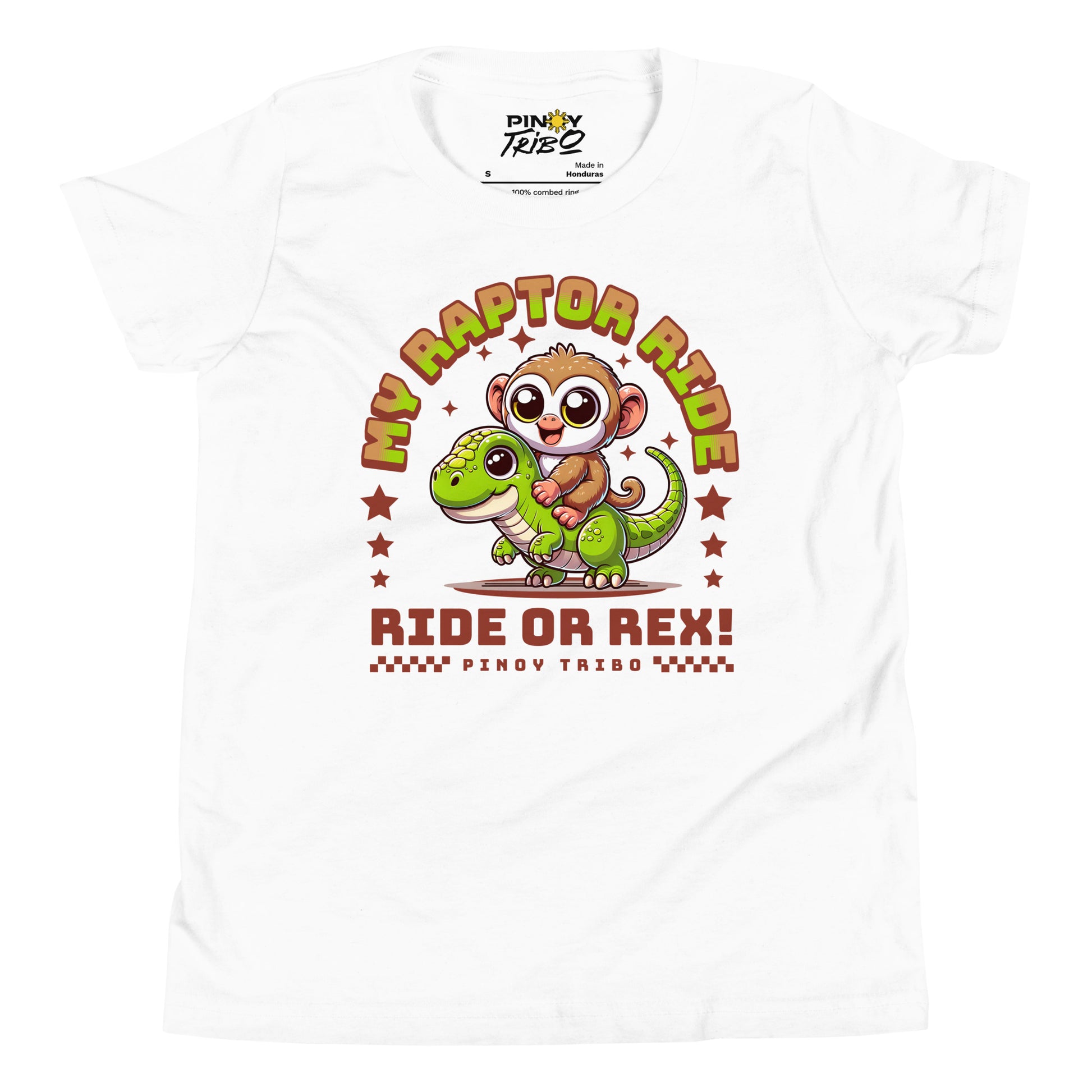 Cute cartoon Philippine tarsier riding a green dinosaur with stars and the text “My Raptor Ride, Ride or Rex!” on a youth t-shirt design.