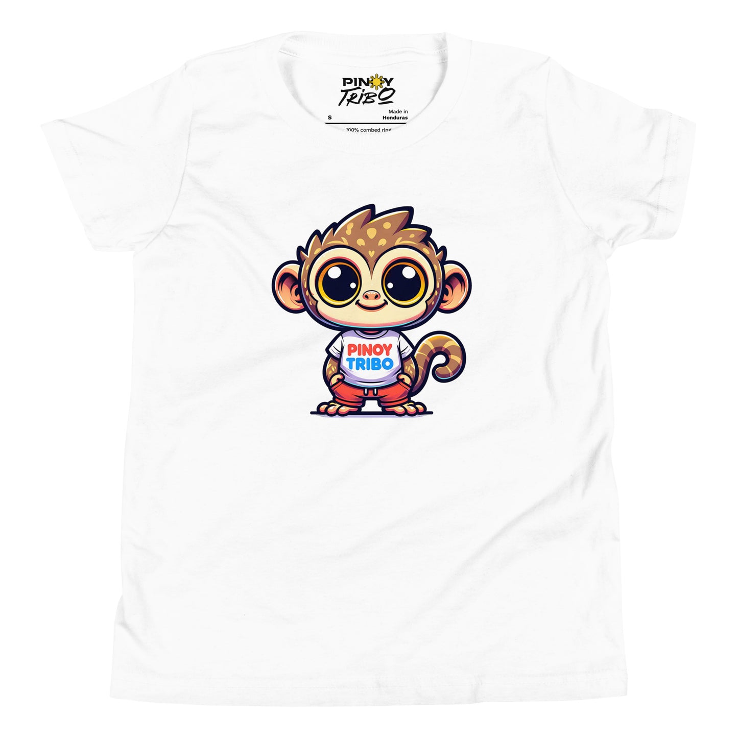 Cute cartoon Philippine tarsier wearing a t-shirt with the text “Pinoy Tribo” on a youth t-shirt design.