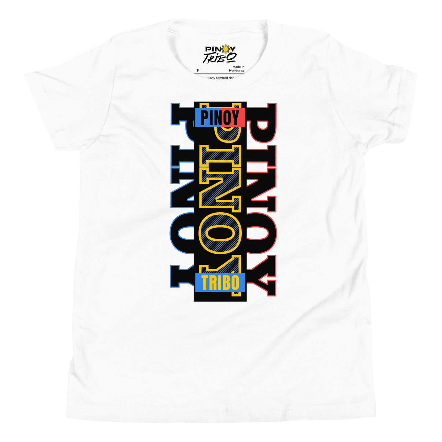 Vertical “Pinoy” text in blue, yellow, and red tri-color design inspired by the Philippine flag on a youth t-shirt.